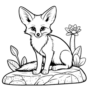 Wüstenfuchs-Baby auf Stein mit bunten Blumen Ausmalvorlage für kleine Naturentdecker
