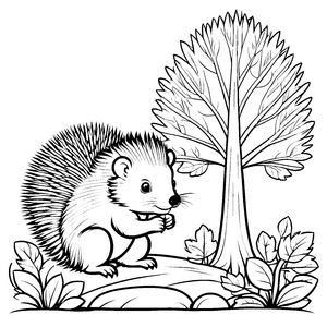 Süßes Stachelschwein-Baby neben einem Baum Ausmalbild für fantasievolle Tierliebhaber