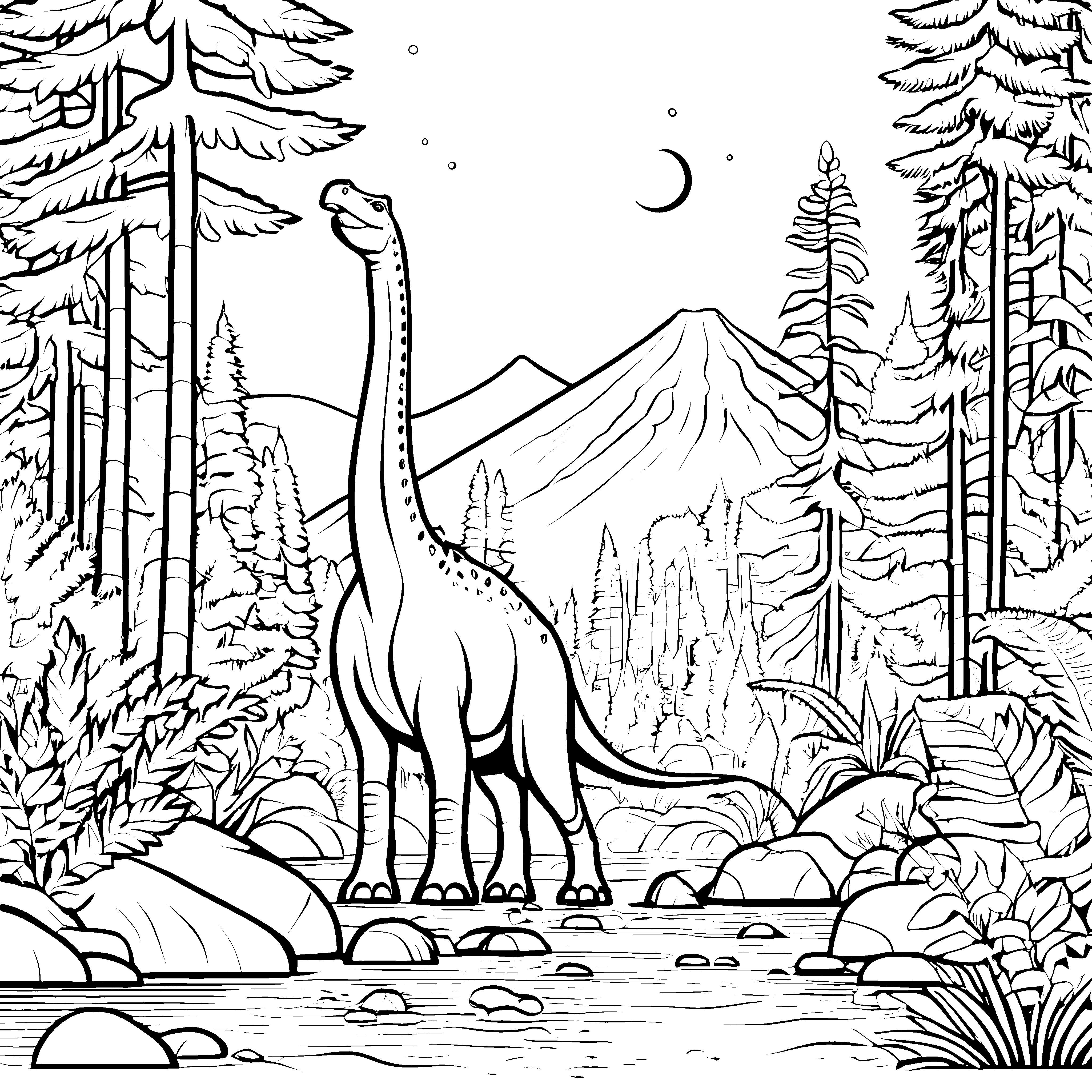 Brachiosaurus im üppigen Wald mit funkelndem Wasser Ausmalbild für neugierige Abenteuerer mit Entdeckerdrang