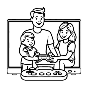 Spannende Familiensitzung mit Spielekonsolen Ausmalvorlage für begeisterte Gamer-Kids