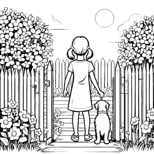 Bezaubernde Verbindung zwischen Mädchen und Hund vor einem Zaun Ausmalvorlage für lebhafte Naturfreunde