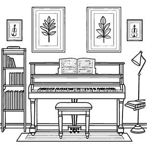 Elegantes Klavier umgeben von bunten Büchern Ausmalbild für fantasievolle Musikentdecker