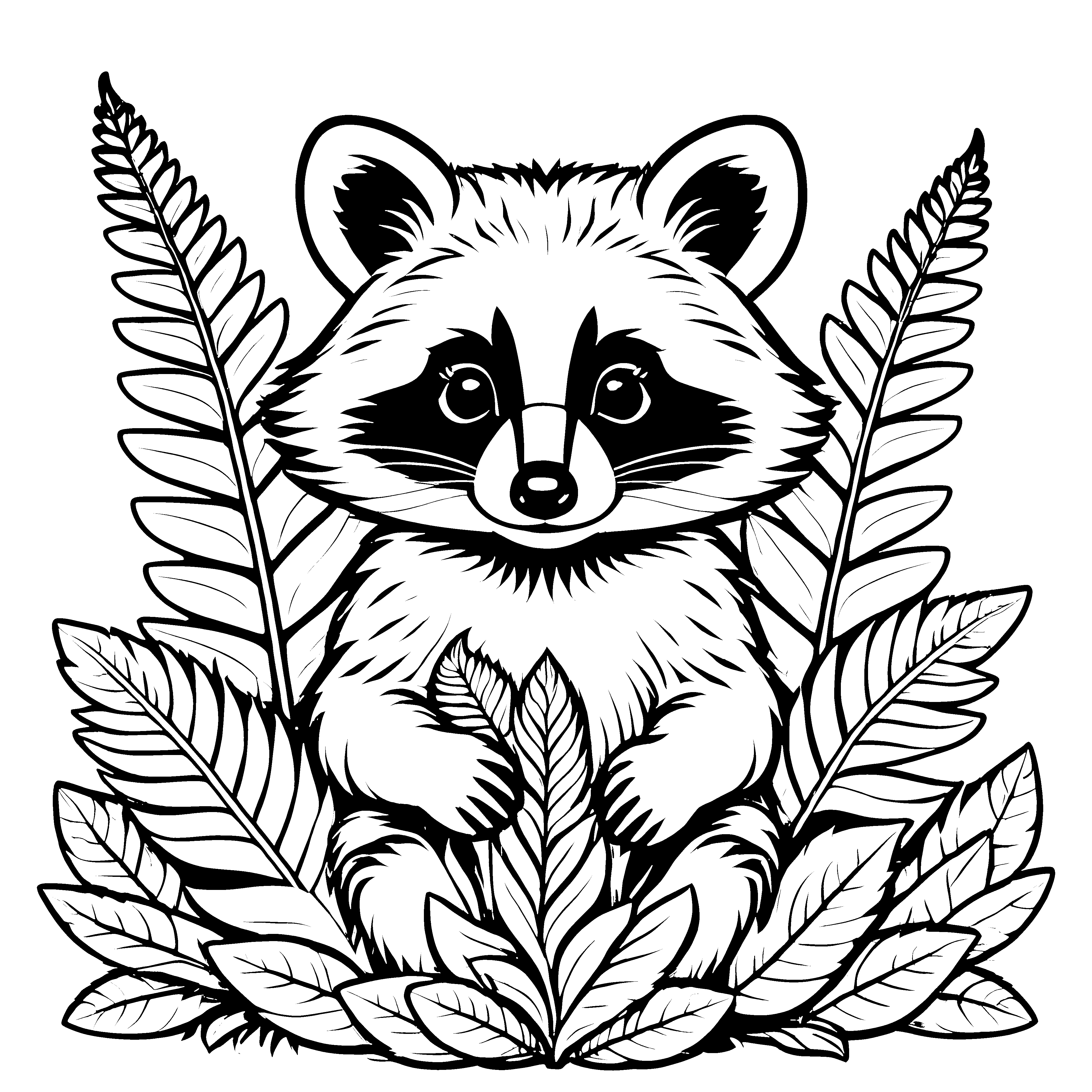 Bezauberndes Waschbär-Baby zwischen frischen Blättern Ausmalbild für kleine Naturentdecker