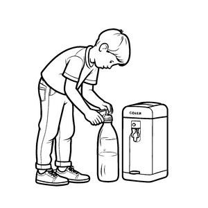 Erfrischender Junge mit Sportgetränk am Wasserspender Ausmalvorlage für junge Entdecker der Genusswelt
