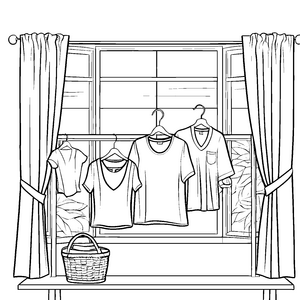 Drei bunte Damen-T-Shirts am Fenster Ausmalbild für kleine Modedesigner