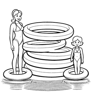 Freudiges Poolvergnügen mit zwei Mädchen im Schwimmreifen Ausmalvorlage für kleine Wassermäuse