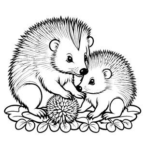 Zwei süße Stachelschwein-Babys zwischen bunten Blumen Ausmalbild für kleine Naturforscher mit viel Neugier