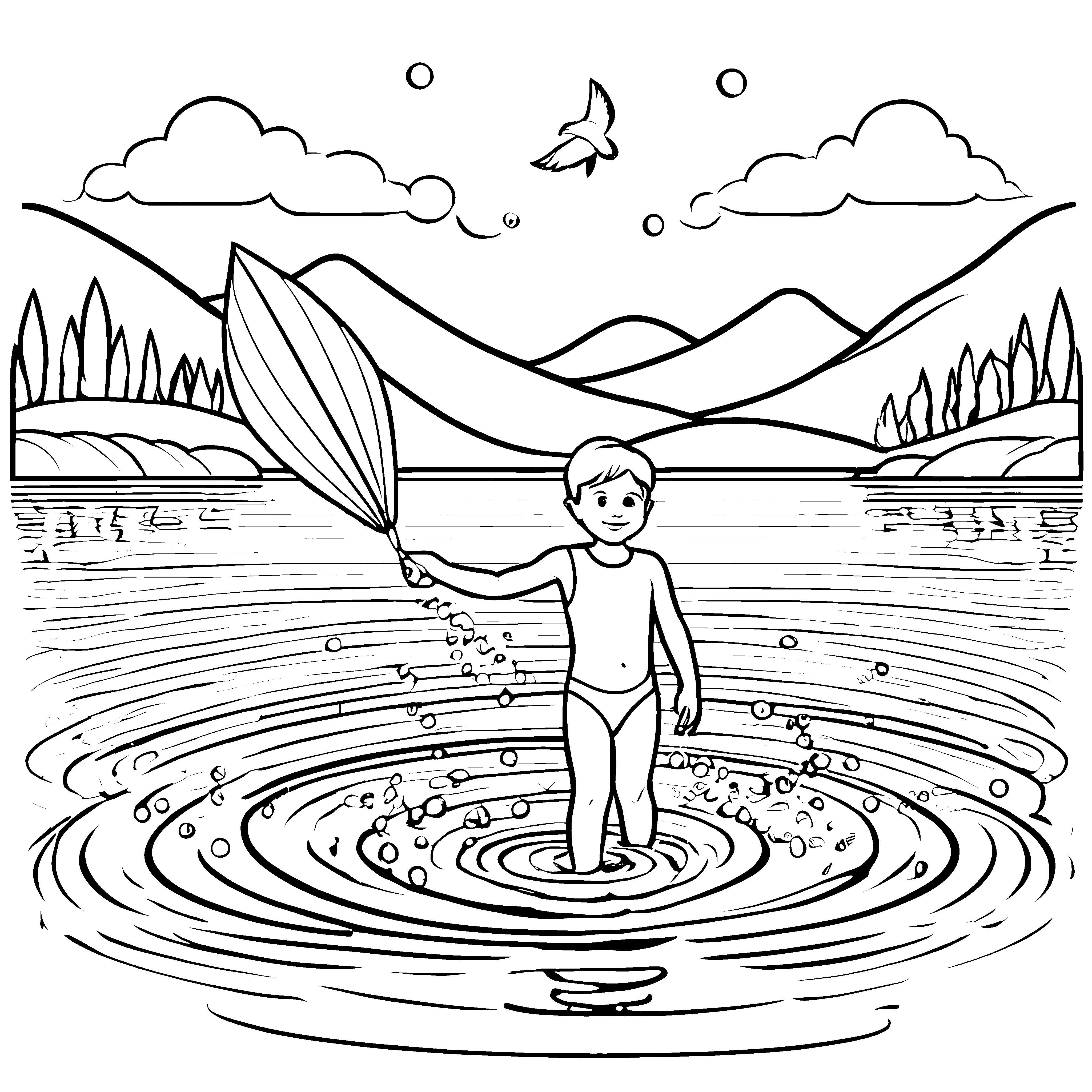 Fantasievoller Junge mit einem Drachen am Badesee Ausmalbild für kleine Abenteurer