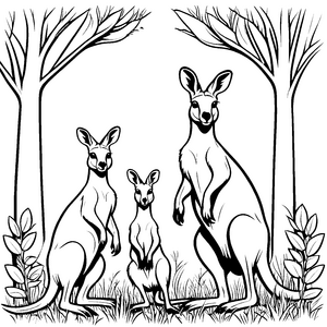 Drei abenteuerlustige Känguru-Jungtiere unter einem Baum Ausmalbild für fantasievolle Entdecker in der Natur