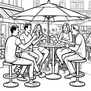 Bunte Bar-Szenerie mit geselligen Gästen beim Trinken Ausmalmotiv für kreative Entdecker