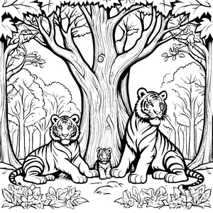 Drei neugierige Säbelzahntiger-Babys unter einem großen Baum Ausmalbild für kleine Künstler und abenteuerliche Tierfreunde