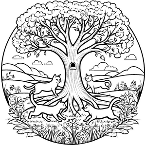 Abenteuerliche Katzenkletterer auf einem zauberhaften Baum Ausmalvorlage für neugierige Nachwuchsabenteurer