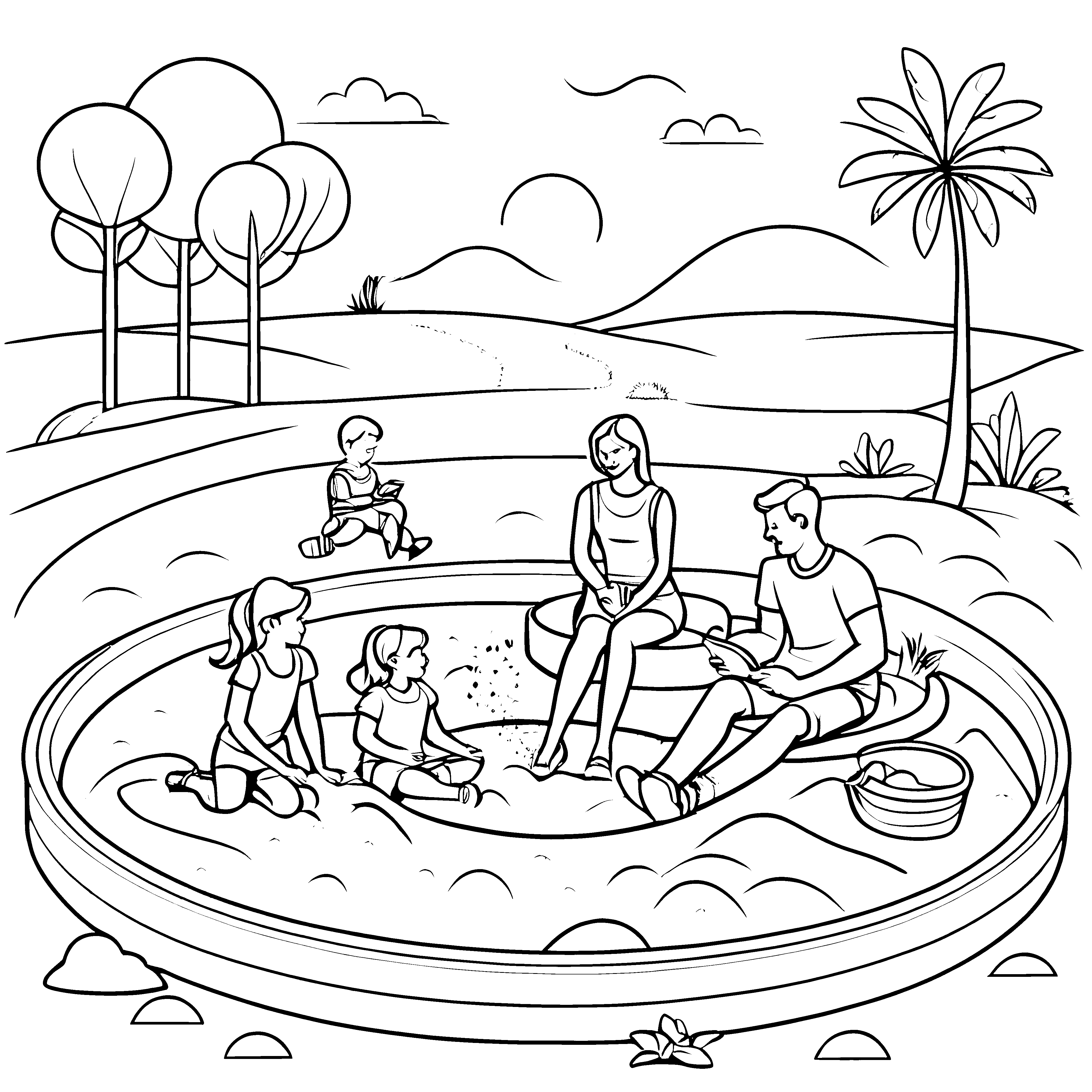 Familienzeit im Sandkasten mit Spielen und Spaß Ausmalvorlage für junge Entdecker mit Freude
