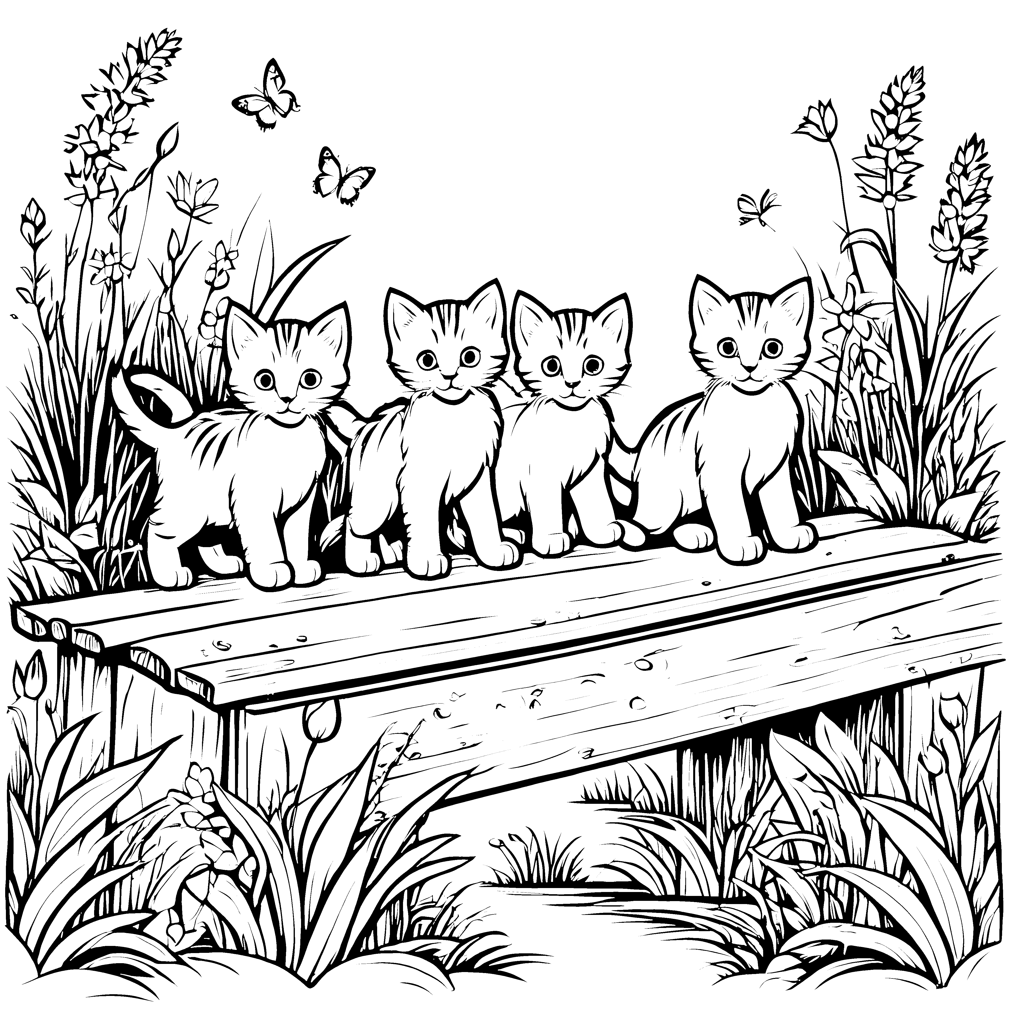 Vier neugierige Kätzchen auf der Holzbank Ausmalbild für kleine Katzenforscher