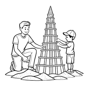 Spaßiges Sandburgenbauen mit hilfsbereitem Vater Ausmalbild für kleine Baukünstler
