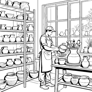 Kunstvoller Töpfer inmitten kreativer Gefäße Ausmalvorlage für neugierige Künstlerseelen