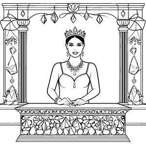 Strahlende Königin mit glitzernder Tiara am Schmucktresen Ausmalvorlage für glanzvolle Kreative