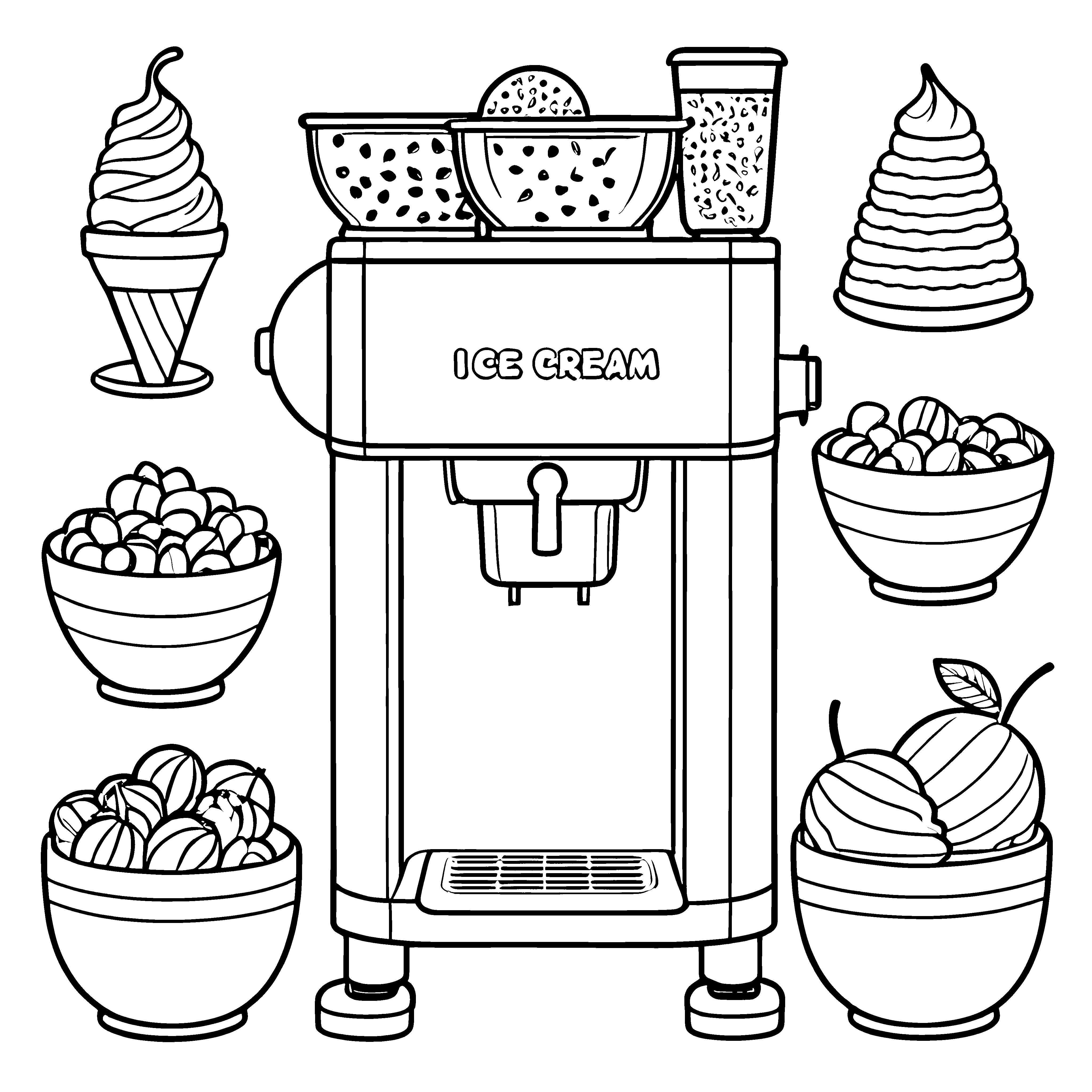 Leckere Eismaschine mit buntem Obst-Buffet Ausmalvorlage für fröhliche Schleckermäulchen