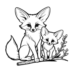 Zwei neugierige Wüstenfuchs-Babys beim Plaudern Ausmalbild für kleine Geschichtenweber und kreative Tierforscher