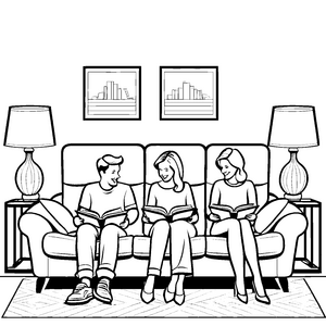 Gemütliches Dreisitzer-Sofa mit Bücherzeit Malvorlage für kleine Leselöwen