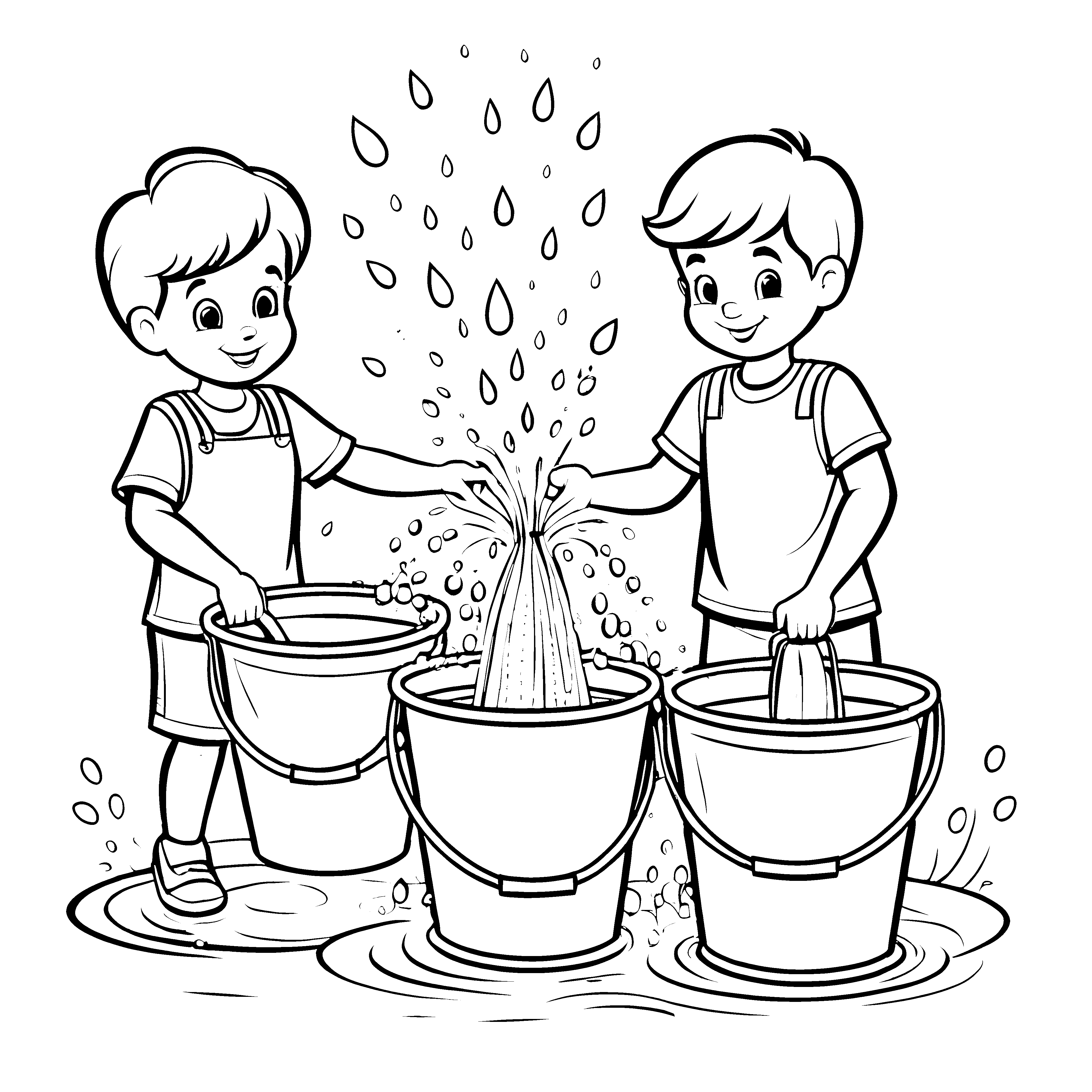 Spritzige Wasserspaß mit zwei fröhlichen Kindern und Eimern Ausmalvorlage für junge Wasserabenteurer
