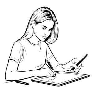 Inspirierende Künstlerin mit Tablet und Stift Malvorlage für kleine Entdecker