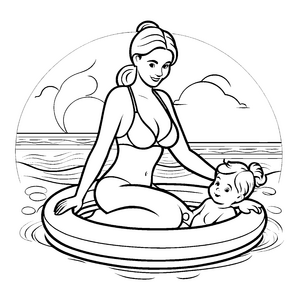Entspanntes Floßvergnügen mit Mama und Baby im Schwimmreifen Ausmalmotiv für abenteuerlustige Wasserfreunde