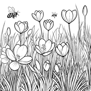 Fröhliche Krokusse mit summenden Bienen Ausmalbild für neugierige Naturentdecker mit blühender Fantasie