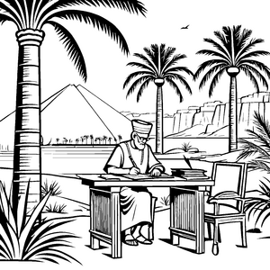 Ägyptischer Schreiber bei der Arbeit im Sand Malvorlage für kleine Wissenshungrige und abenteuerlustige Entdecker