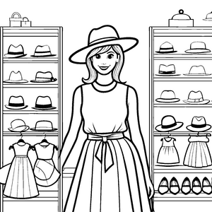 Schicke Frau im eleganten weißen Kleid neben Hüten Ausmalbild für stilvolle Modefreunde