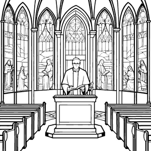 Prediger am Pult in lebendiger Kirchenatmosphäre Ausmalvorlage für neugierige Gottesdienstbesucher