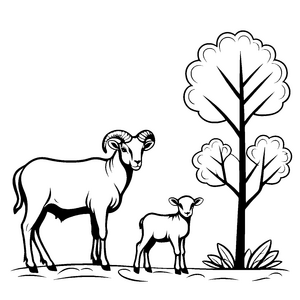 Niedliches Widderlamm spielt unter dem kleinen Baum Ausmalbild für kleine Entdecker der Natur