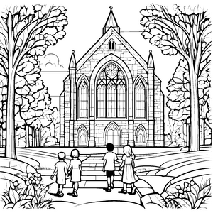 Bezaubernde Kirche mit fröhlichen Menschen Ausmalbild für neugierige Abenteurer