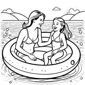 Verspielte Frauen im großen Schwimmreifen Ausmalbild für neugierige Wasserspaßfinder