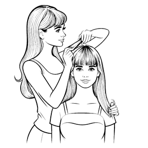 Fransenpony wird von kreativer Stylistin frisiert Malvorlage für kleine Haarzauberer