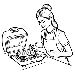 Frau mit Grill und leckeren Snacks Ausmalbild für kreative Köche