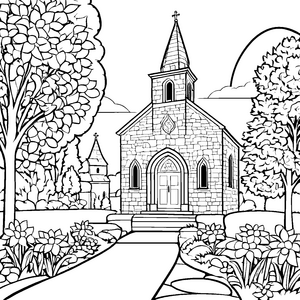 Historische Kirche mit idyllischer Landschaft Ausmalvorlage für fantasievolle Entdecker