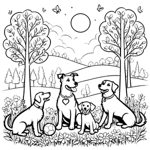 Familie fröhlicher Hunde mit Sportball Ausmalbild für abenteuerliche Tierliebhaber