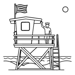 Lifeguard Tower mit salutierendem Bademeister Ausmalmotiv für kleine Wasserratten
