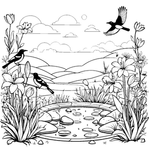 Elster am Teich mit Berg im Hintergrund Ausmalbild für neugierige Entdecker