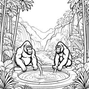 Abenteuerliche Gorillas am Wasserfall Bastelmotiv für kleine Entdecker