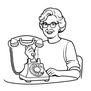 Nostalgische Frau mit Festnetztelefon im Gespräch Ausmalmotiv für begeisterte Geschichtenerzähler