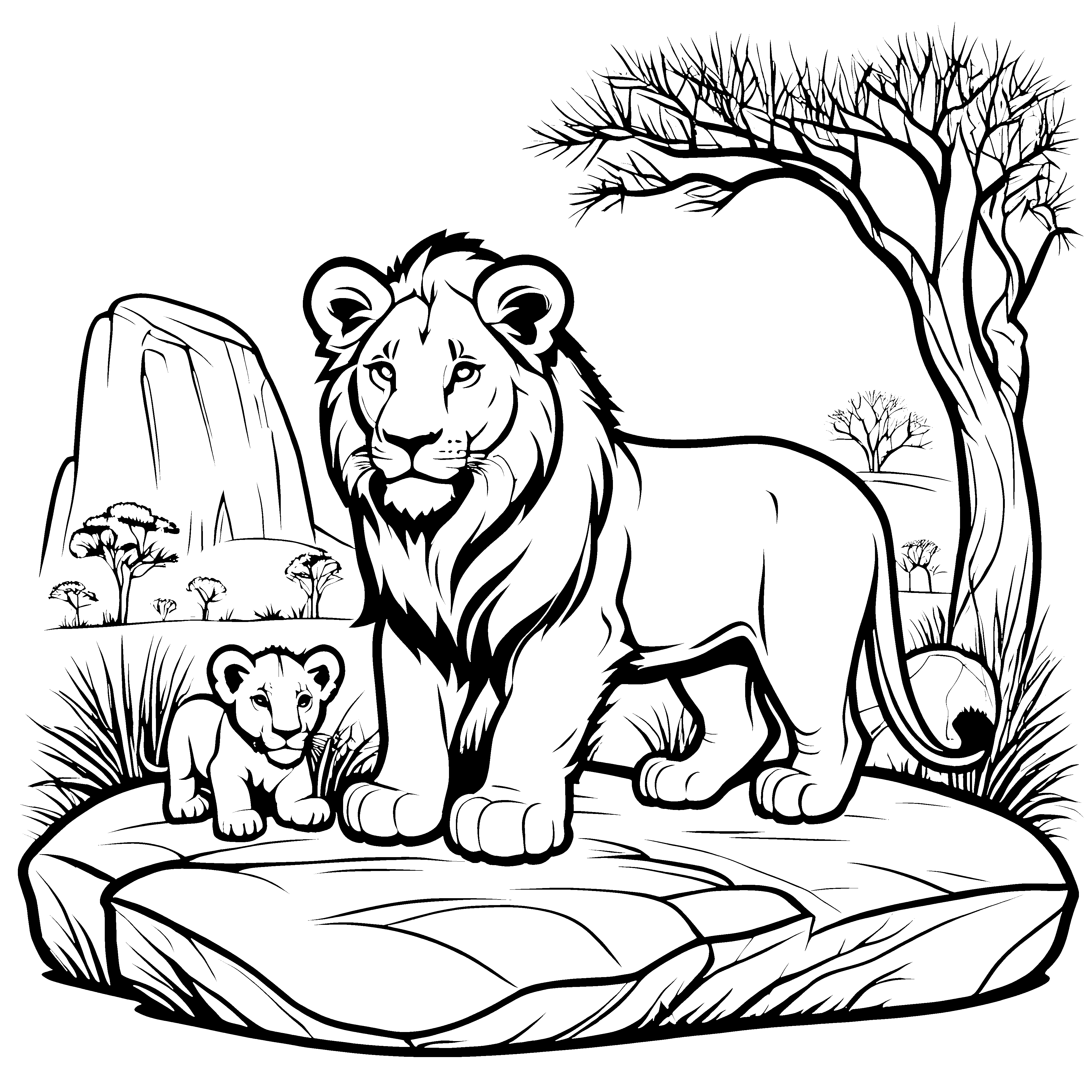 Majestätischer Löwe mit seinem kleinen Löwenbaby Ausmalbild für abenteuerlustige kleine Entdecker