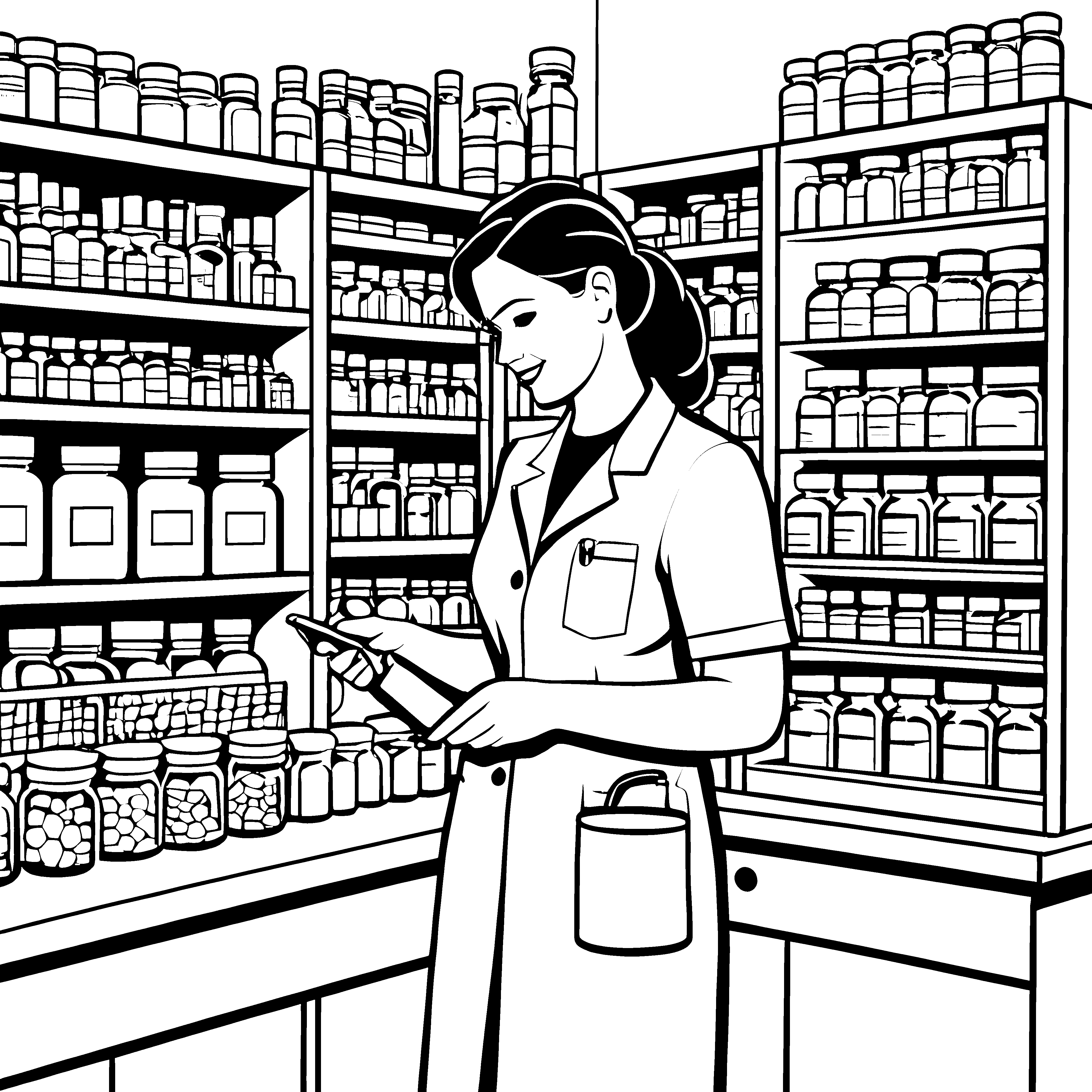 Engagierte Apothekerin mit geheimnisvollen Elixieren Ausmalbild für kleine Gesundheitsforscher