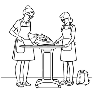 Zwei kreative Frauen bei der Dampfbügelstation Ausmalvorlage für modebewusste Gestalterinnen