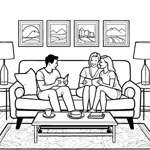Dynamische Lesetunde auf modernem Dreisitzer-Sofa Ausmalbild für kleine Bücherhelden