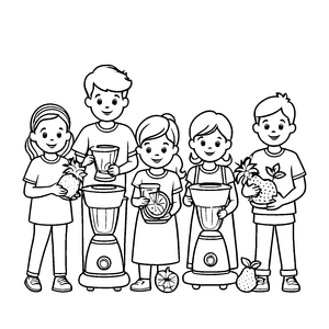 Fröhliche Familienrunde mit buntem Standmixer Ausmalmotiv für kleine Küchenhelden