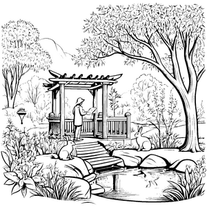 Bezaubernder Gartenpavillon mit fröhlicher Gesellschaft Ausmalbild für kreative Köpfe