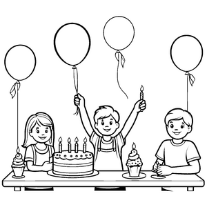 Bunte Kinder auf einer Geburtstagsfeier mit Luftballons Ausmalbild für fröhliche Geburtstagskinder