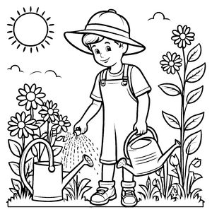Fröhlicher Junge mit Sonnenhut beim Gießen Ausmalmotiv für kleine Gartenfreunde